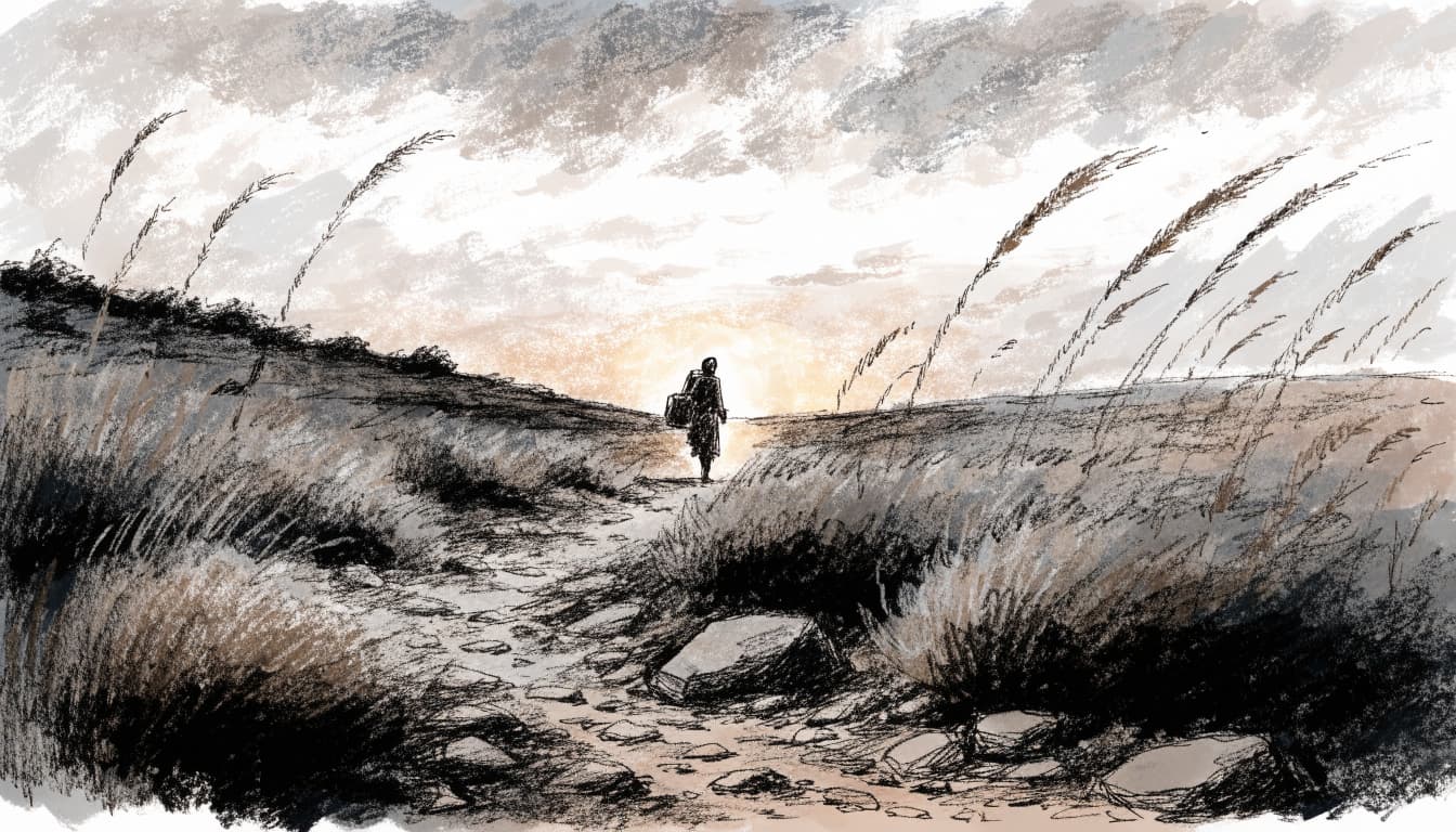 An ink-and-wash illustration of a lone traveler walking along a stony path toward a warm light on a hillside.