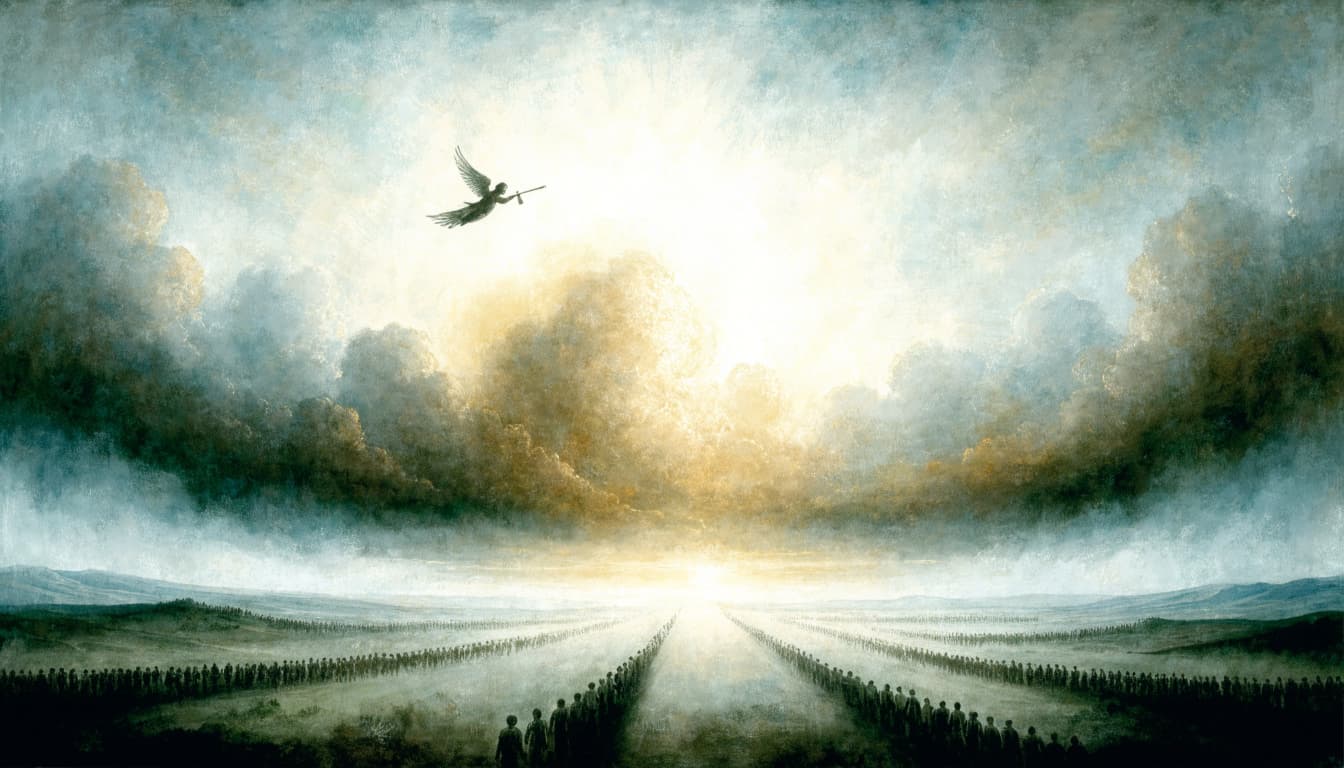 A biblical illustration of an angel blowing a trumpet in the sky above a landscape with lines of people walking toward a glowing light.