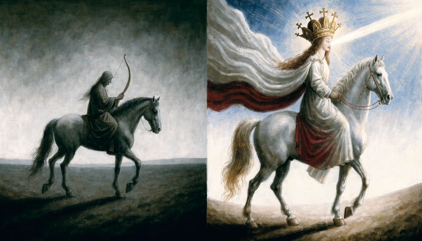 A two-panel illustration comparing two riders on white horses against dark and bright backgrounds.