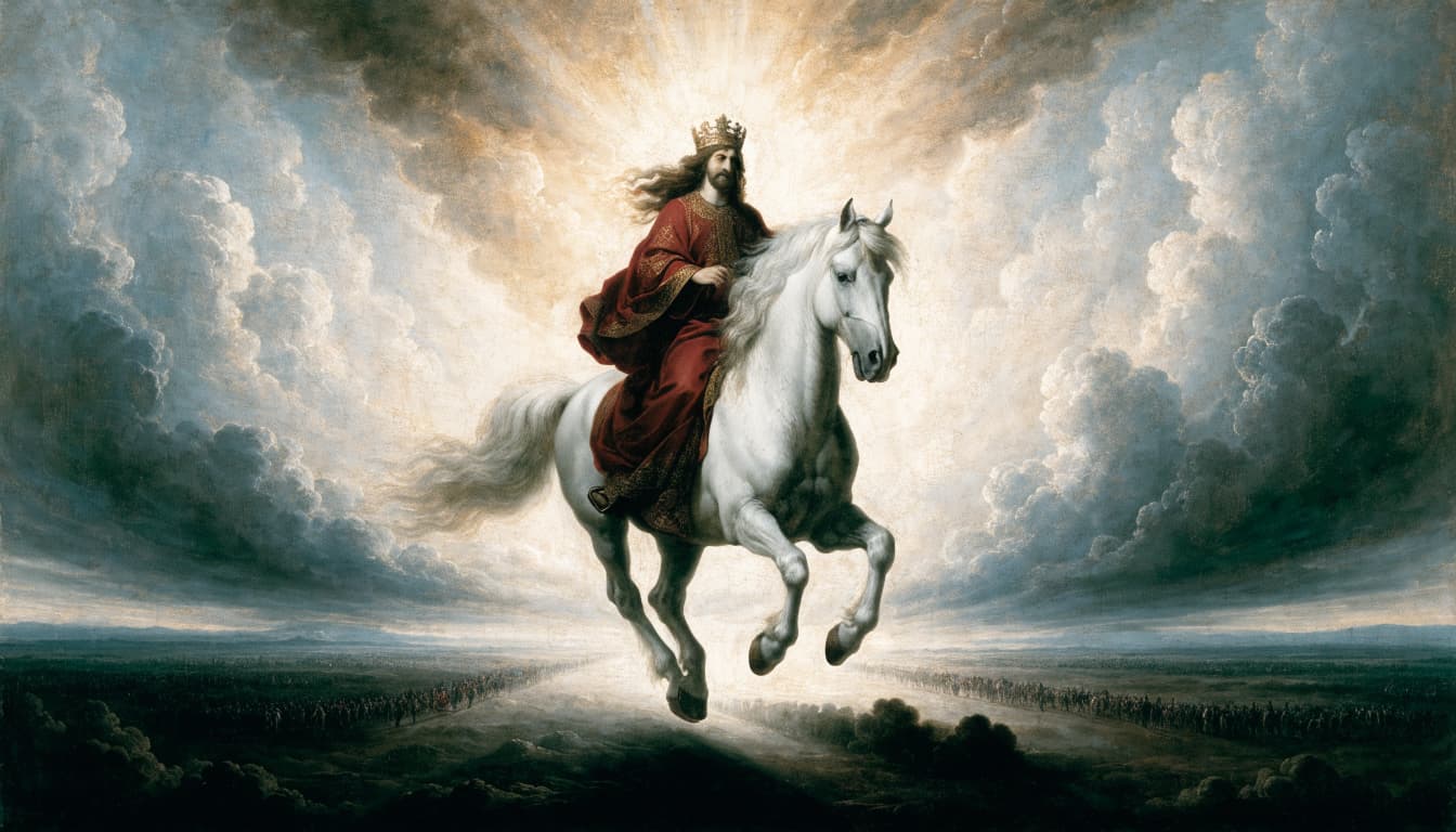 A classical painting of a crowned figure in a red robe riding a white horse through dramatic clouds.