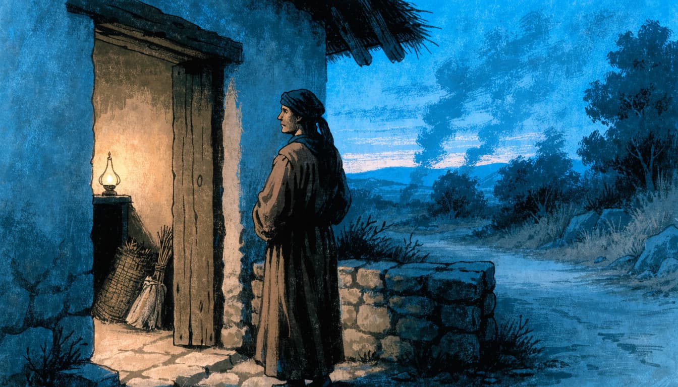 An illustrated servant in a tunic stands by a doorway at dusk, looking down a road past a glowing oil lamp.