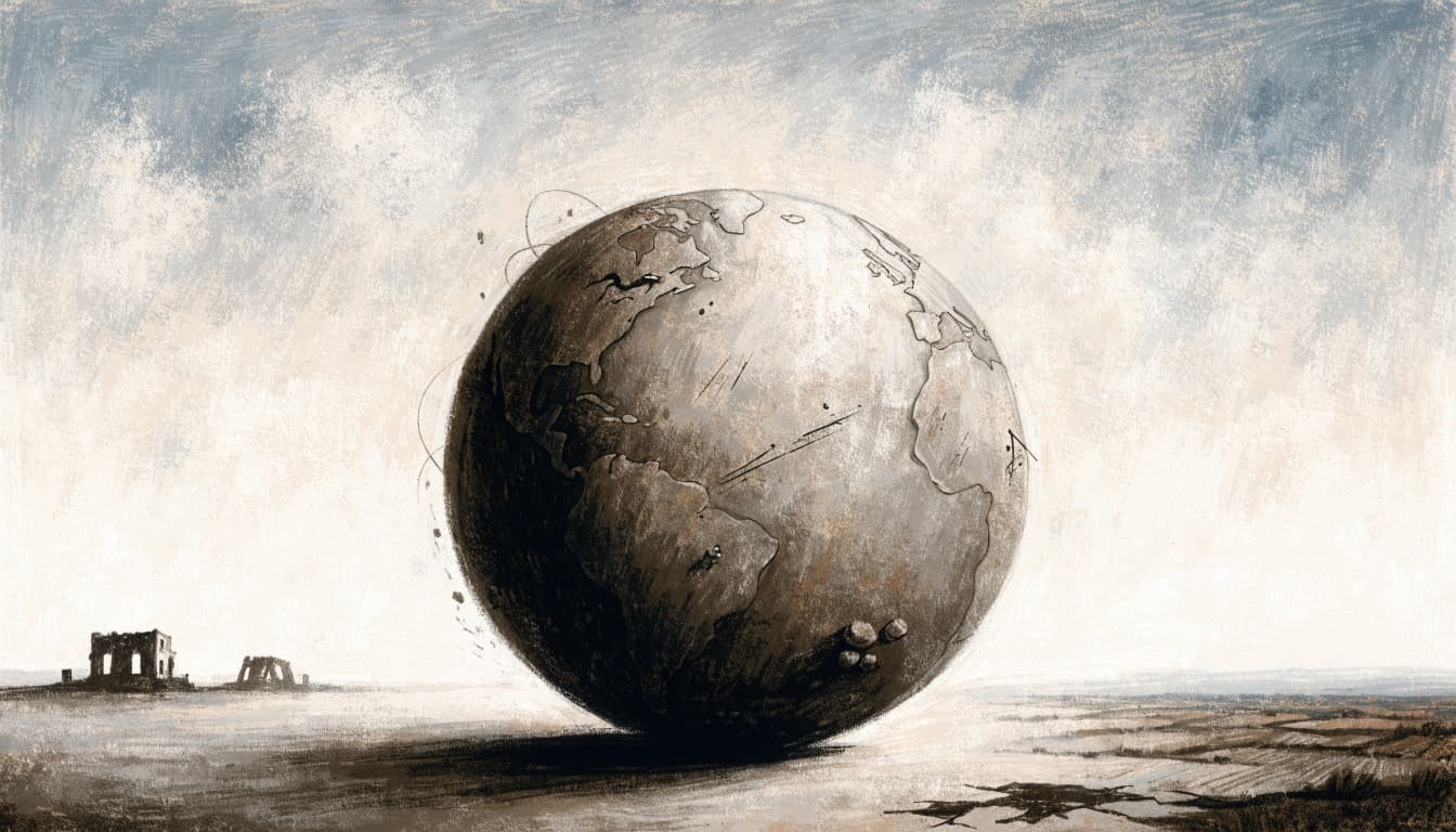 A hand-painted editorial illustration of a weathered globe resting on a quiet neutral surface with distant ruins.