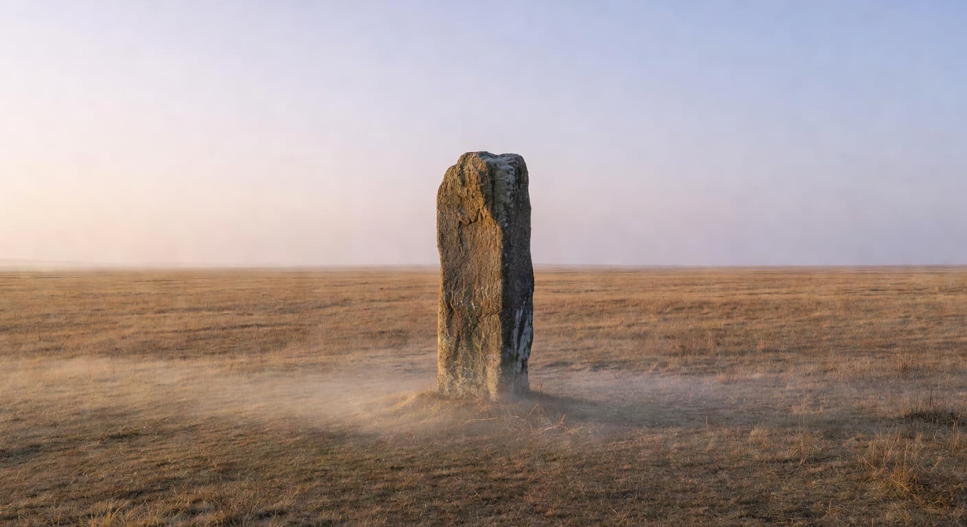 A singular, eroded stone column rises from a flat, grassy landscape. The early morning sun casts a warm golden hue across the rough, cracked texture of the ancient monument's weathered surface.