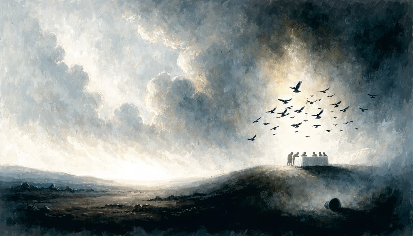 A painterly landscape illustration showing a glowing banquet table on a hill beneath a cloudy sky, with birds flying above.