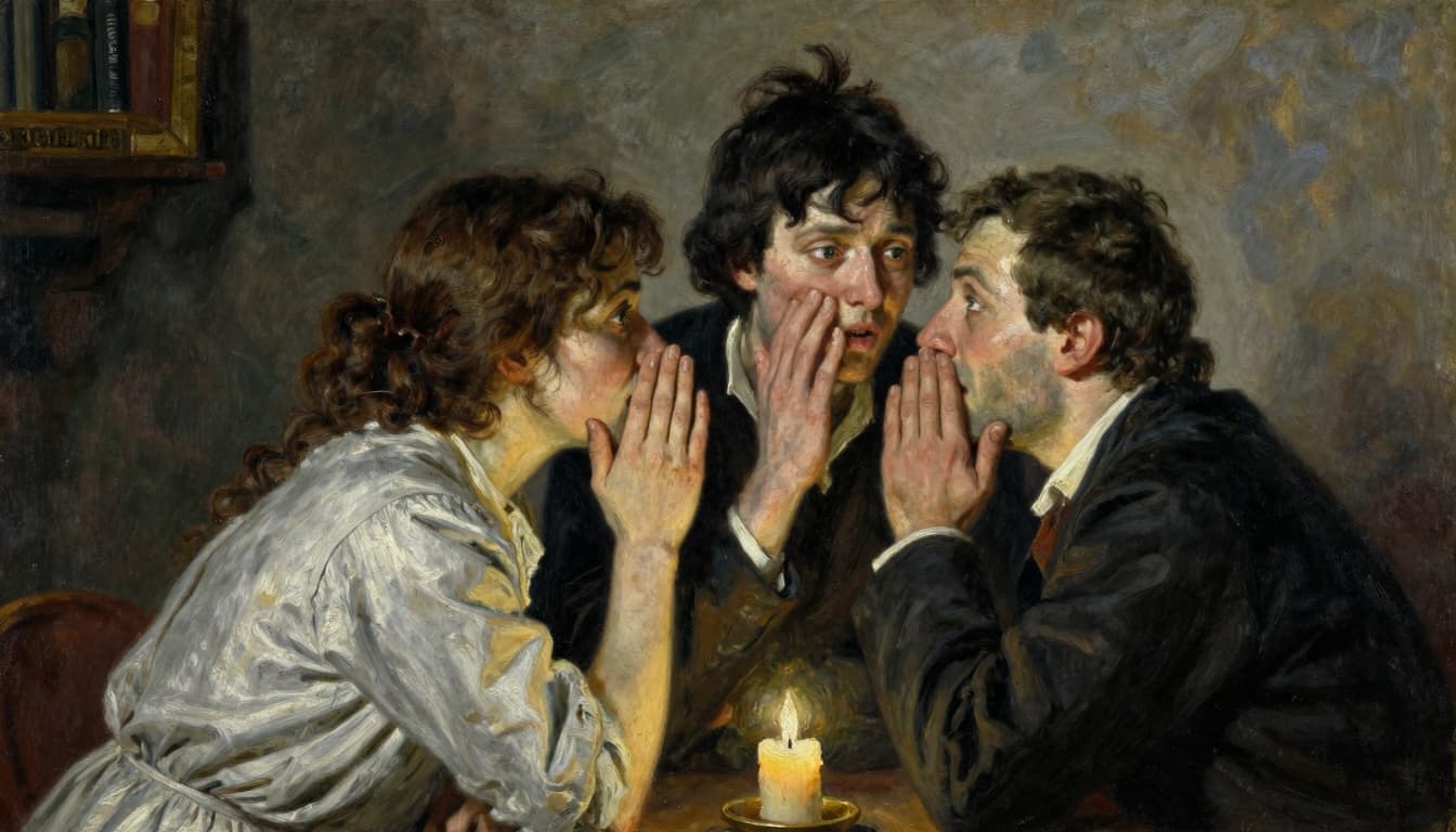 People whispering gossip in a dim room