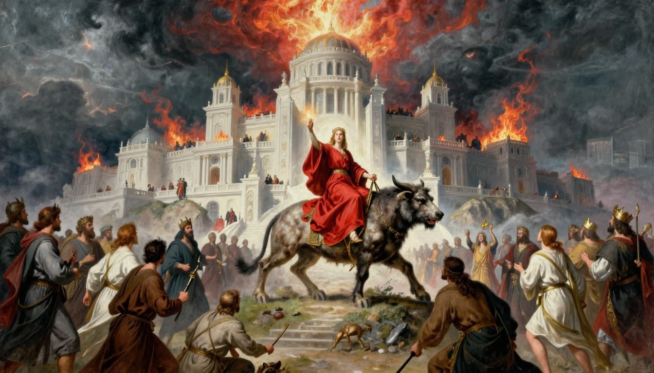 A woman in scarlet riding a beast over a burning city, representing the great prostitute and final false religious system in Revelation