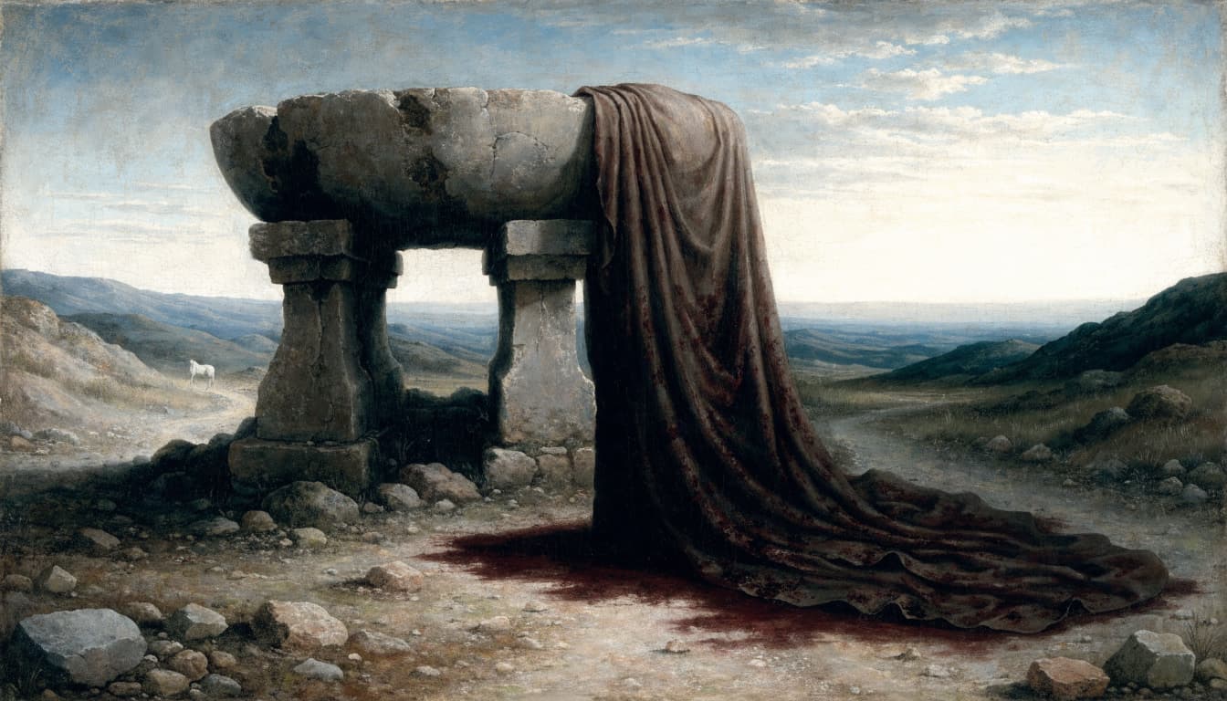 A classical painting of an ancient stone winepress with a stained robe draped over it in an arid landscape.