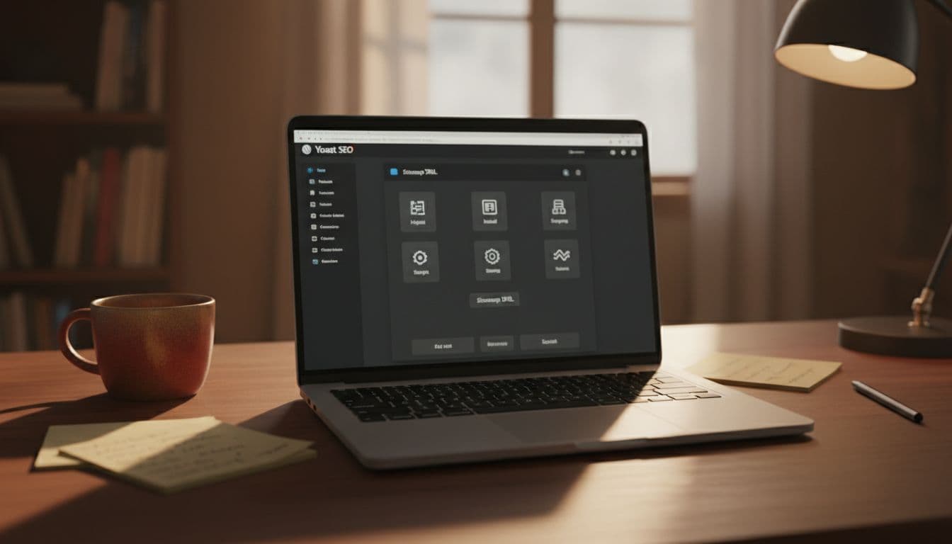 A laptop screen in a cozy home office displays the WordPress dashboard and Yoast SEO plugin interface for generating an XML sitemap, featuring a simplified step-by-step workflow with icons for install, settings, and submit, surrounded by a coffee mug and notes under warm lamp light.