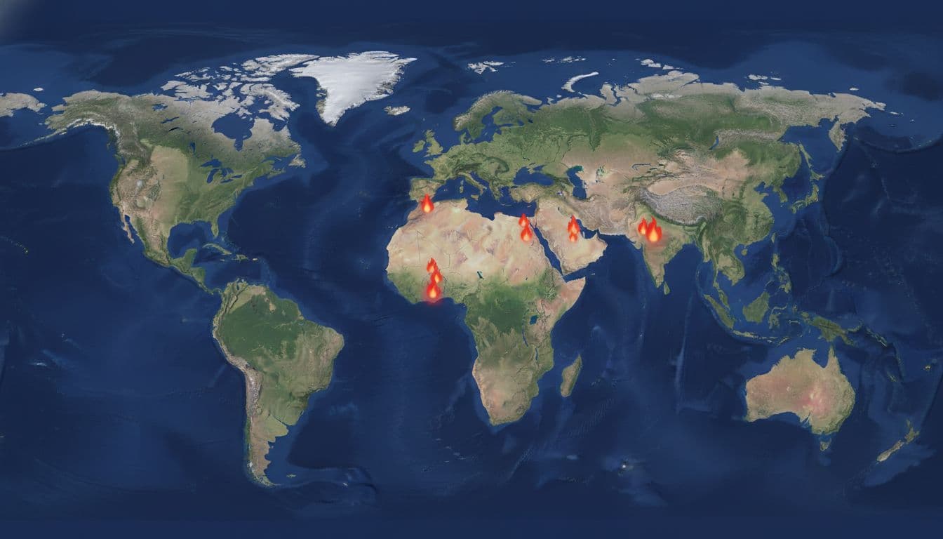 A world map highlighting North Korea, Somalia, Libya, Eritrea, Yemen, Nigeria, Pakistan, Sudan, Iran, and Afghanistan with subtle red markers indicating hotspots.