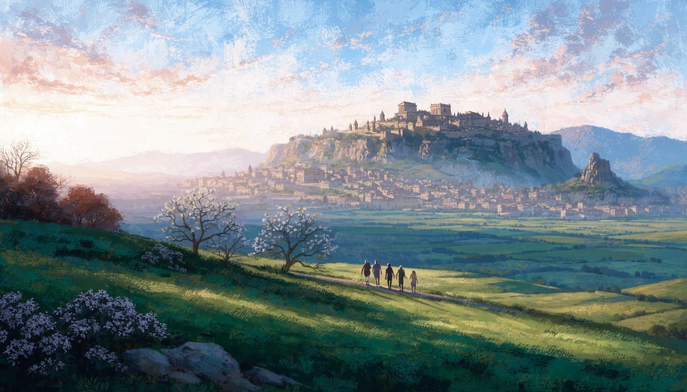 A group of five small figures walks along a grassy path toward a hilltop city at sunrise.