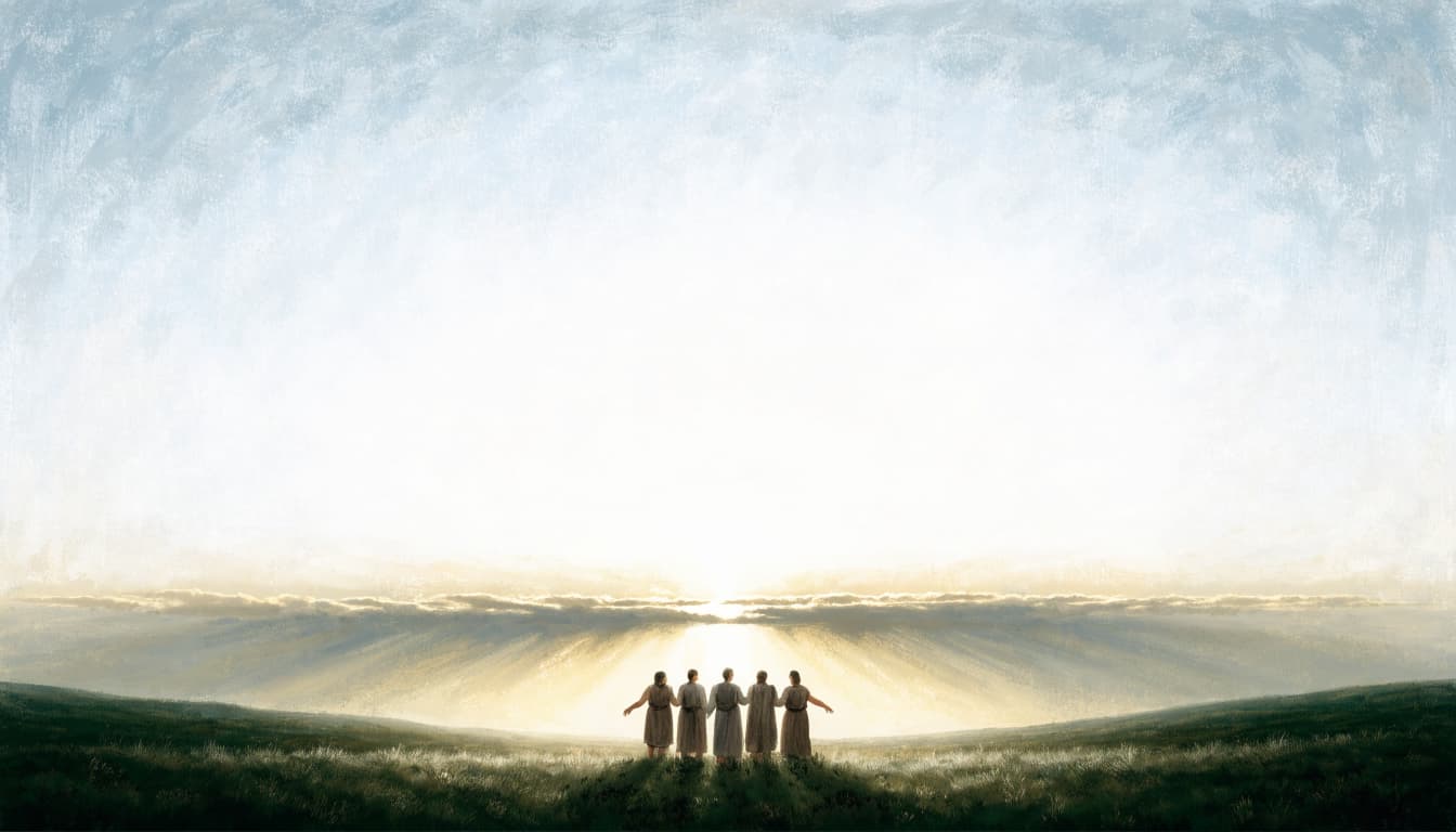 Five people stand on a grassy hill, viewed from behind, facing a glowing horizon with parting clouds.