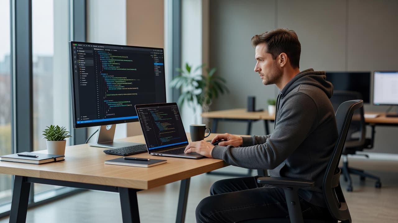A professional desk setup featuring a coding monitor and laptop with a cup of coffee.