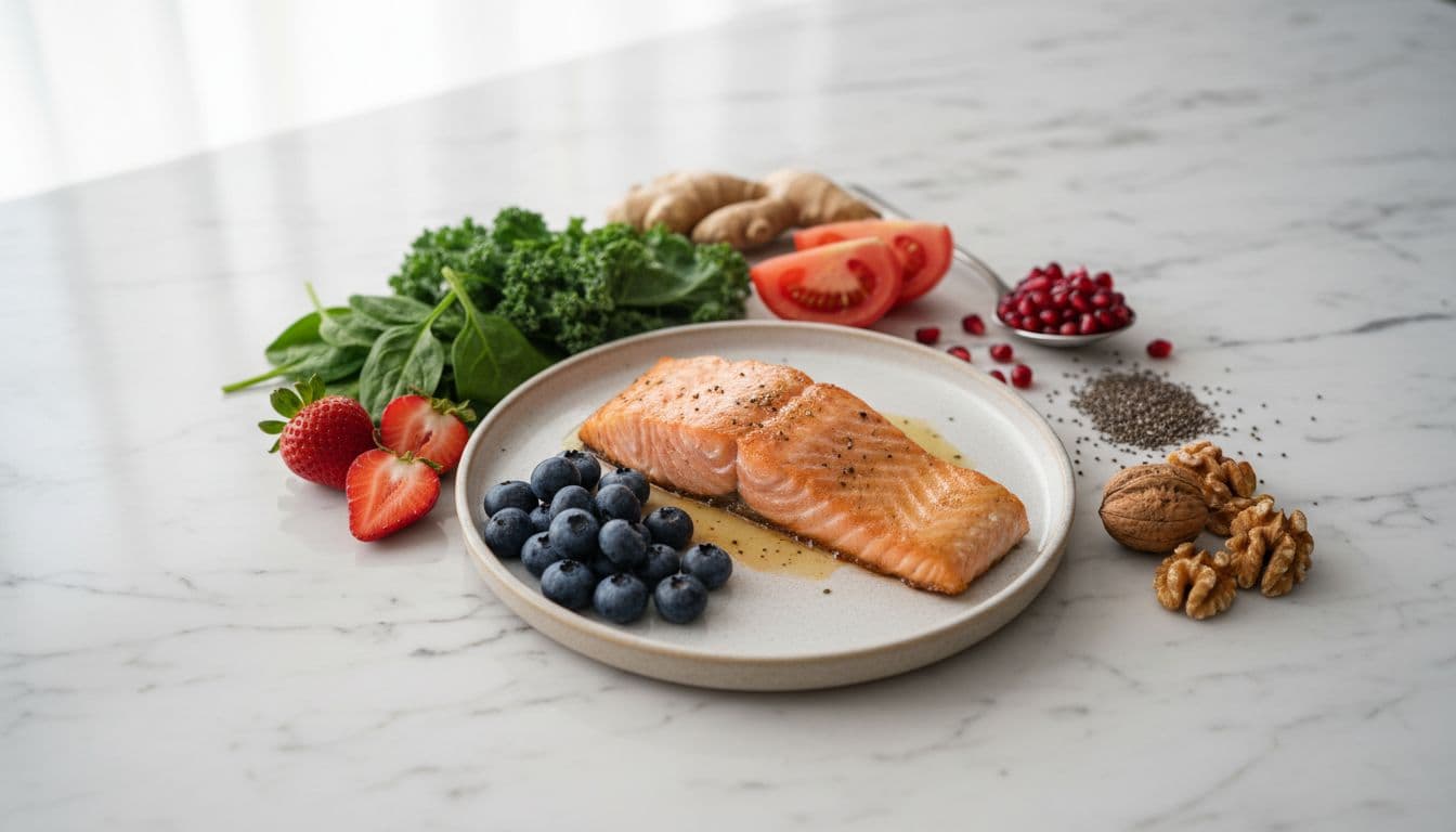 Vibrant close-up of fresh anti-inflammatory foods arranged neatly on a white marble surface, featuring blueberries, strawberries, spinach, kale, salmon fillet, walnuts, chia seeds, sliced tomatoes, pomegranate seeds, and ginger root.