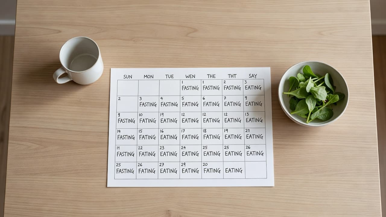 A top-down view shows a clean wooden kitchen table with a minimalist calendar. The grid highlights a recurring pattern of alternating fasting and eating days using simple color-coded circular markers.