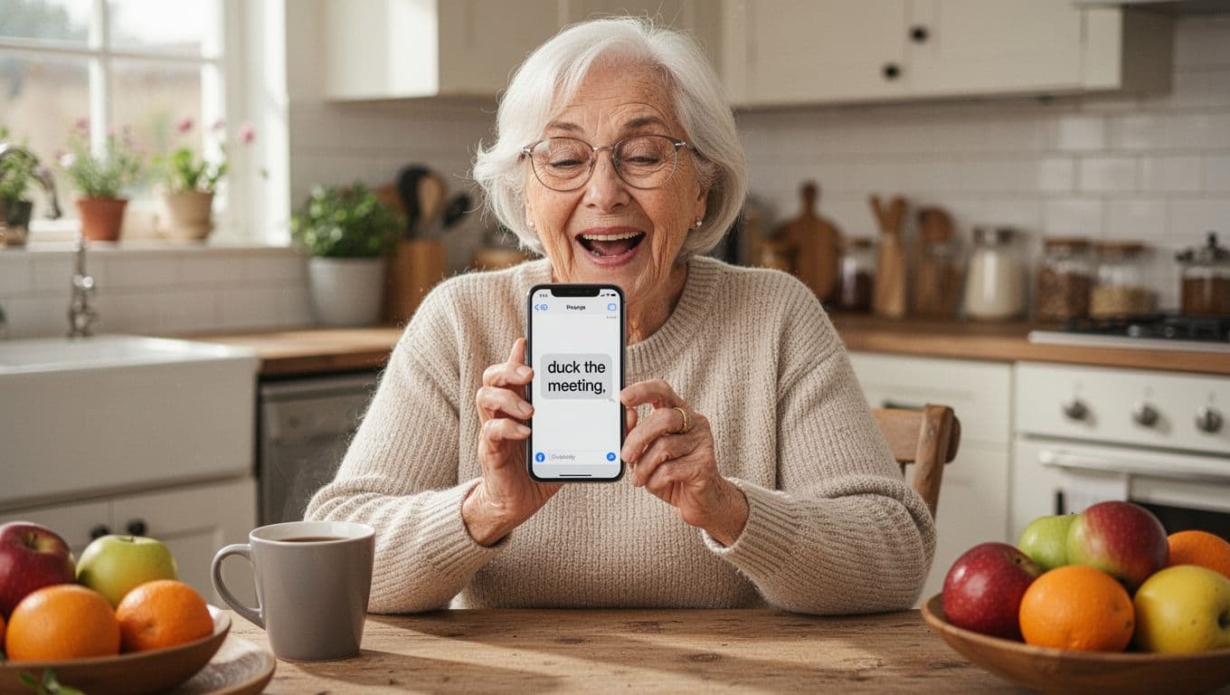 An amused elderly woman in her 60s sits at a kitchen table speaking into her smartphone held close to her mouth, dictating a voice text message. The phone screen shows a funny misheard text like 'duck the meeting' in a cozy kitchen with coffee mug and fruits.