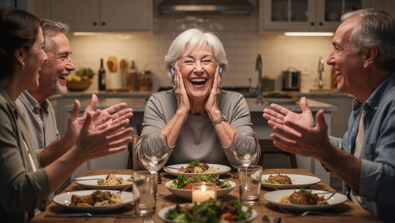 An amused senior woman in her late 60s with short white hair and subtle hearing aids laughs heartily with hand on cheek at a wooden kitchen table during family dinner. Blurred family members gesture animatedly in a noisy, restaurant-like home kitchen with plates, glasses, food, and soft evening lighting, photorealistic joyful chaotic mood.