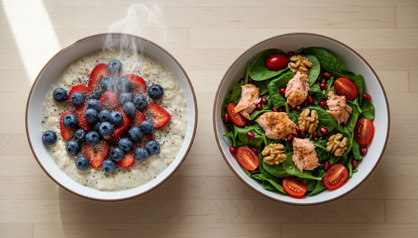 Kitchen counter featuring two fresh meal bowls: left with steel-cut oatmeal topped with blueberries, strawberries, and chia seeds; right with mixed leafy greens, grilled salmon, tomatoes, walnuts, and pomegranate seeds. Photorealistic style with soft daylight lighting and appetizing steam.