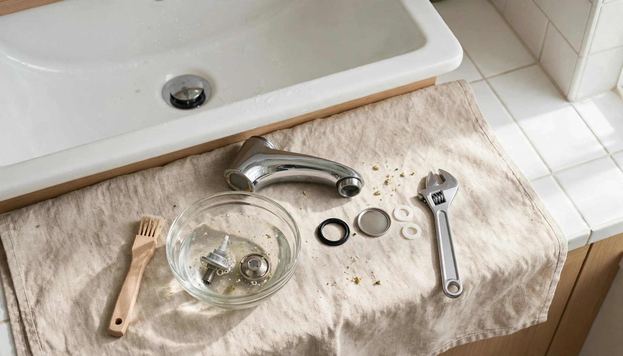 A disassembled bathroom faucet and tools arranged on a towel next to a sink.