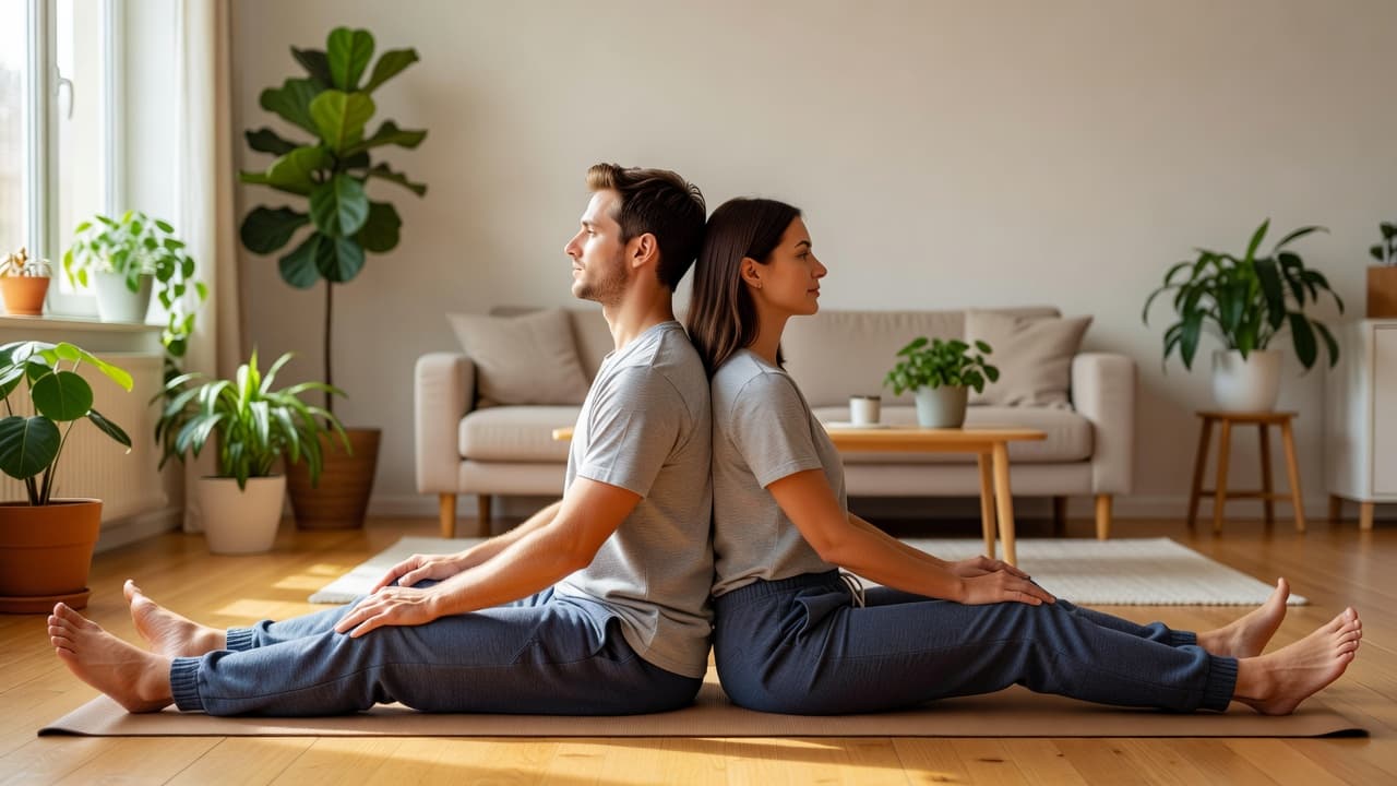 Two individuals in comfortable casual clothing sit back-to-back on a yoga mat across a warm wooden floor. Sunbeams stream through a nearby window, illuminating their relaxed postures in the quiet living room.