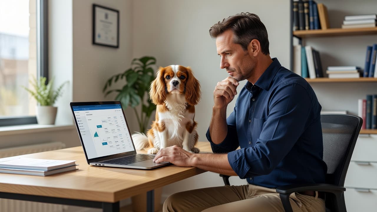 A focused person sits at a desk reviewing digital medical files on a laptop while a small dog rests calmly beside them. The bright office interior features clean, organized professional surroundings.