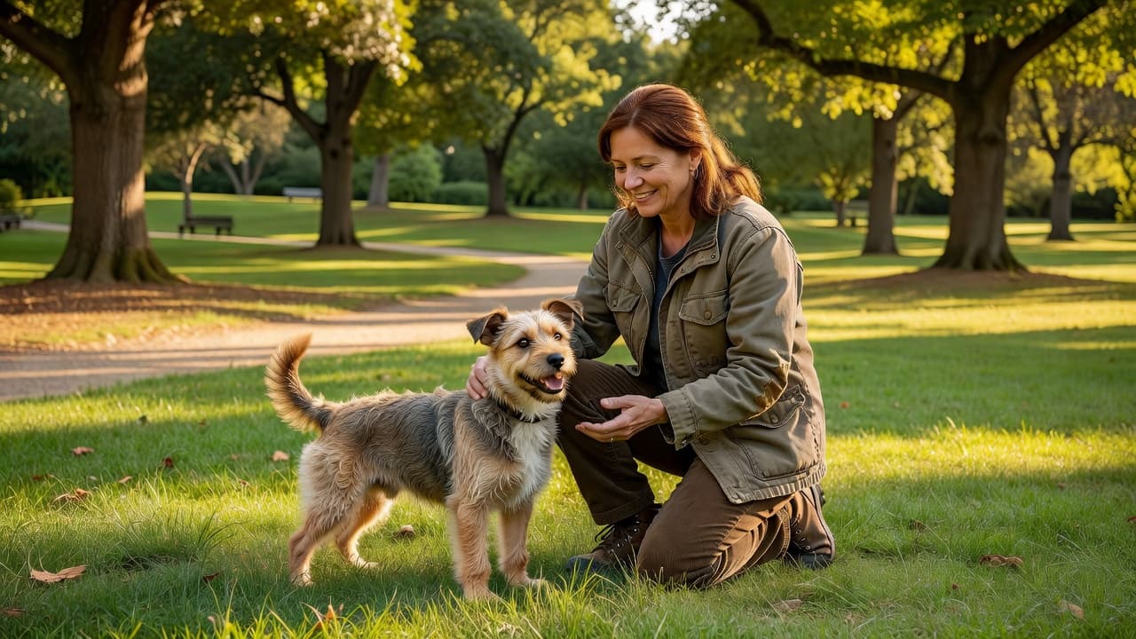 A smiling person kneels on a lush green lawn, gently petting a small, calm breed dog. Warm golden sunlight filters through nearby trees, highlighting the serene and trusting connection between them.