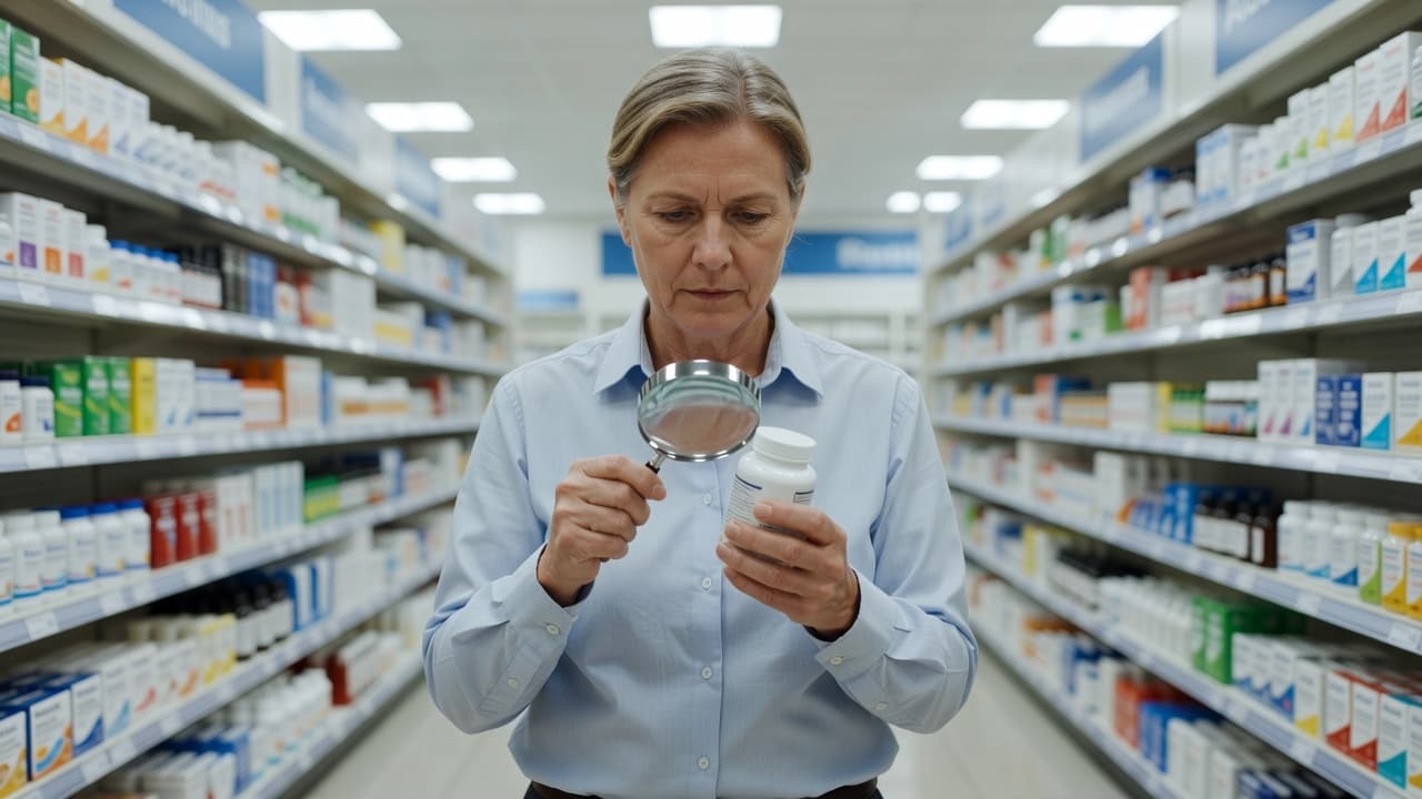 A focused individual in a brightly lit store aisle uses a magnifying glass to inspect the back of a white supplement bottle. They are carefully evaluating the ingredients for product transparency.