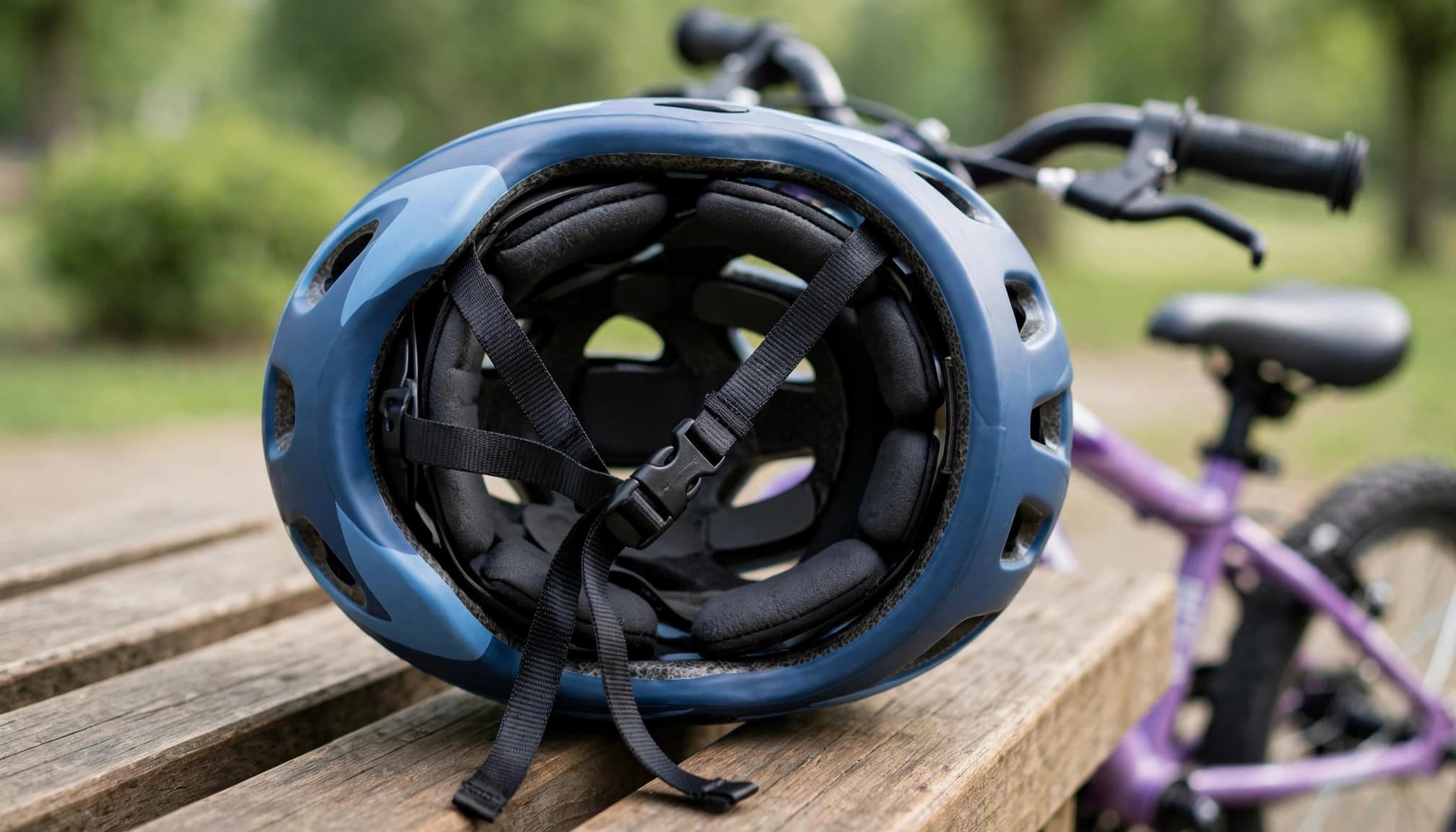 A child's helmet with visible straps and padding rests on a bench beside a bicycle.
