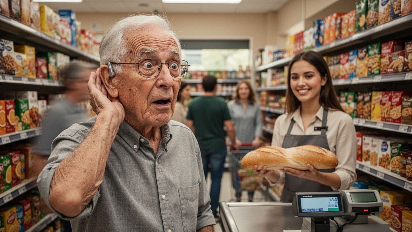 A cheerful elderly man in his 70s with gray hair, glasses, and a modern hearing aid stands confused in a busy grocery store aisle, cupping his hand behind his ear to better hear the patient young female cashier holding a loaf of bread.