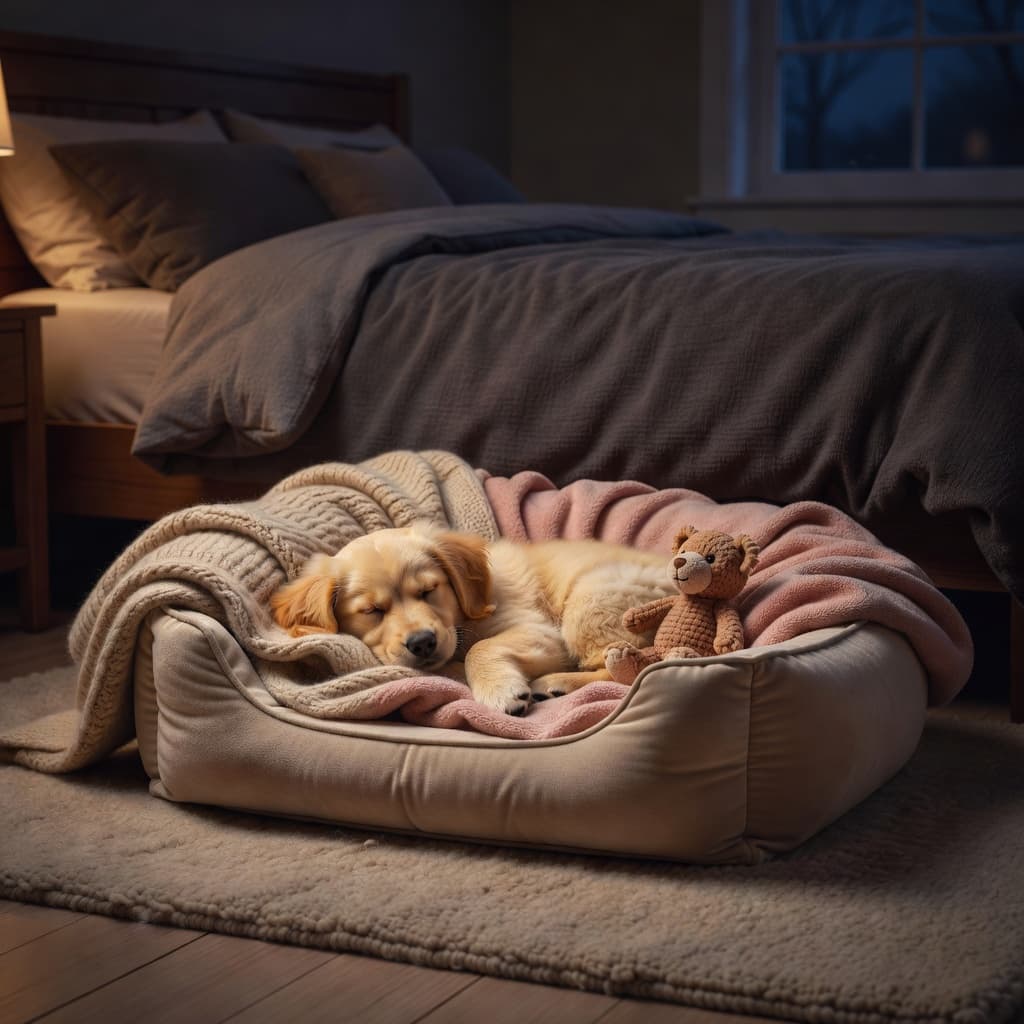 A plush puppy bed with soft blankets rests on a bedroom rug beside a larger bed. A small stuffed toy lies nearby in this dimly lit, peaceful room for pets.