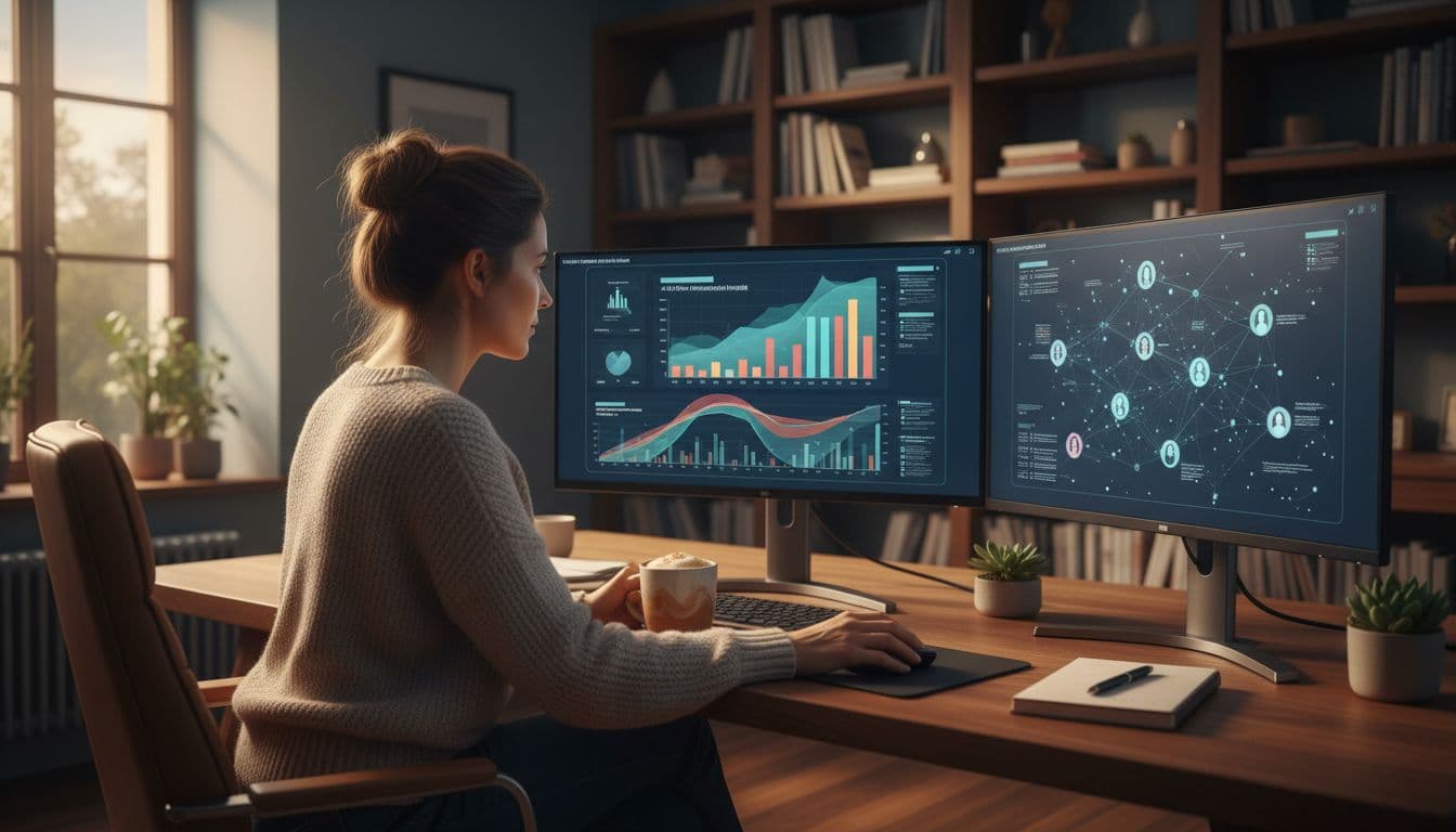 A digital marketer sits at a desk in a home office, analyzing personalized customer data on dual monitors with AI insights highlighted. A coffee mug is nearby, soft evening light enhances the productive vibe.