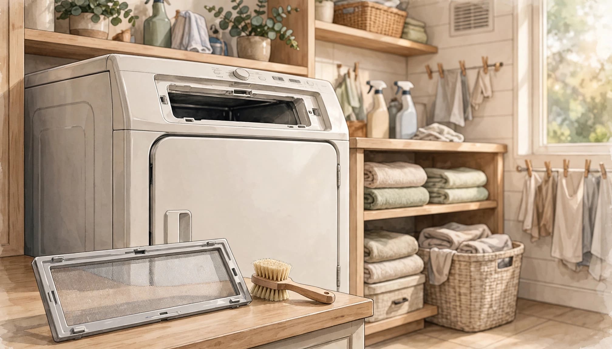 An illustrated laundry room with a dryer lint screen and brush resting on a counter.
