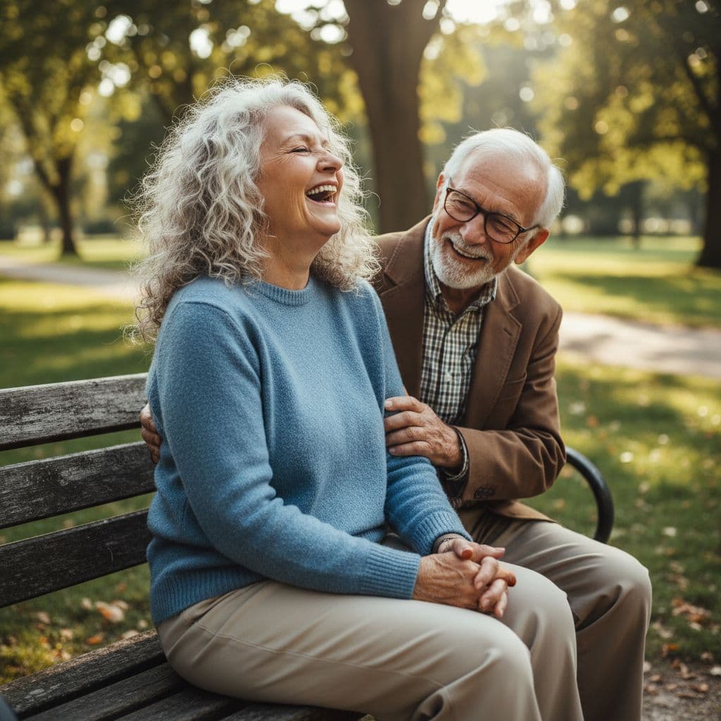 An elderly man and woman laugh together while sitting on a wooden park bench.