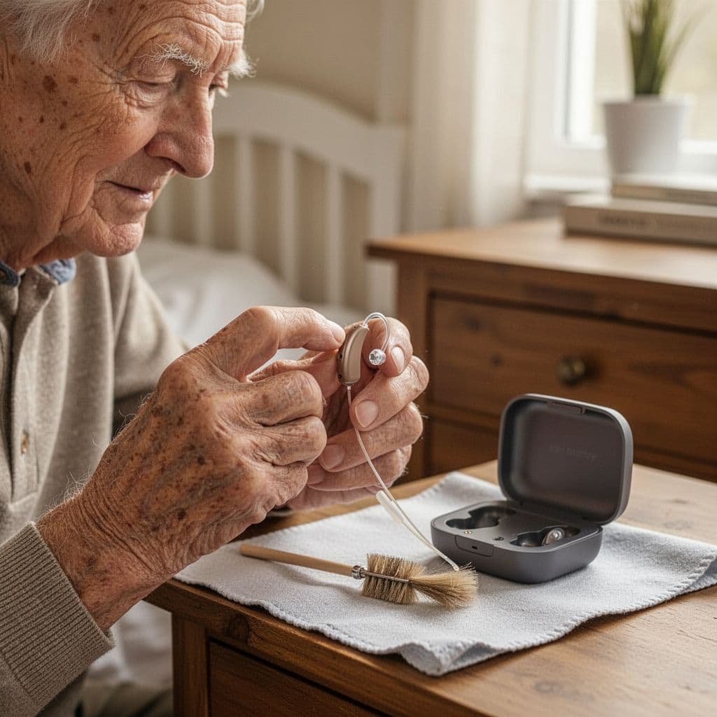 Close-up of a kind elderly gentleman in his 80s holding a tiny rechargeable hearing aid with two fingers, inspecting the microphone area gently with a soft brush nearby on a clean cloth in a cozy bedroom.