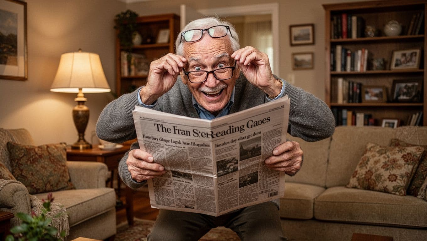 A cheerful elderly man in his 70s with gray hair and glasses on his head frantically searches his cozy living room while holding a newspaper close to his face, looking puzzled but amused. The realistic scene features warm lighting, bookshelves, and furniture in a humorous mood with exactly one person.