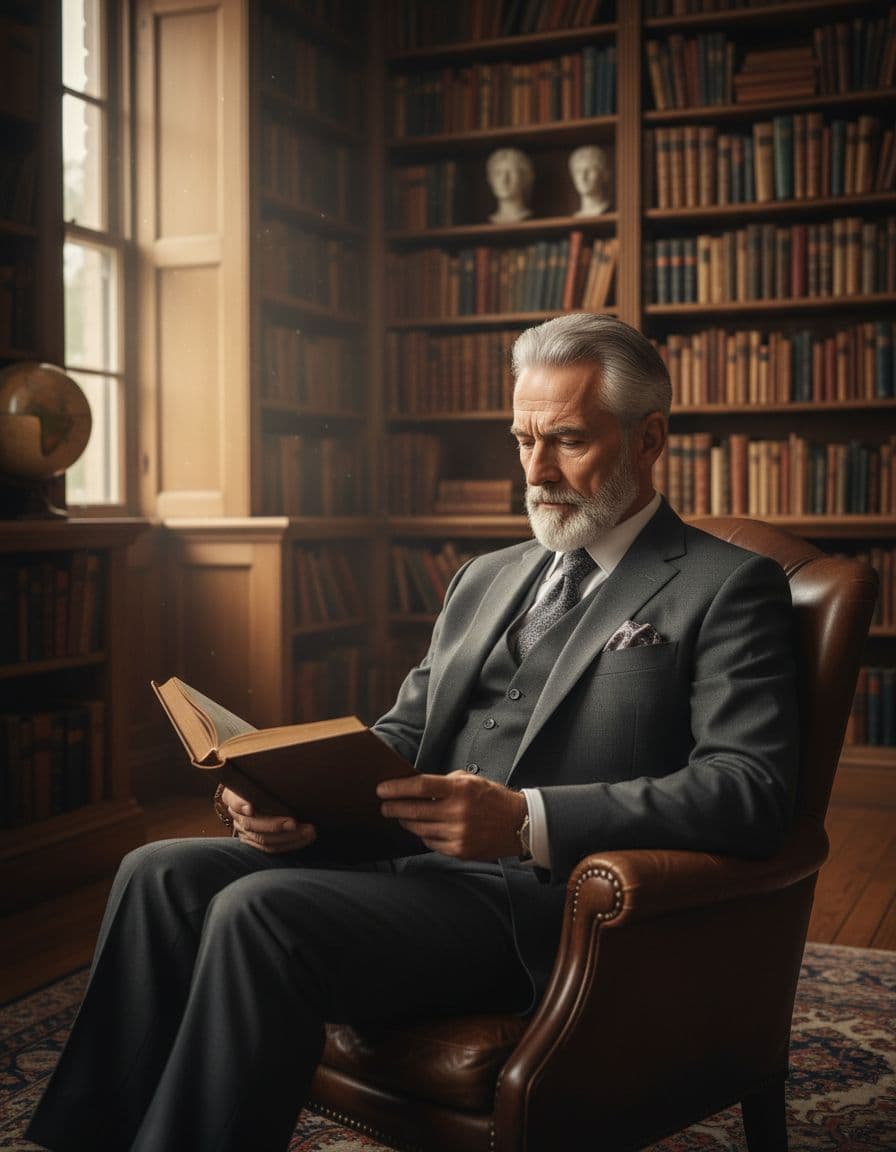 Elegant older gentleman in a suit reading a book in a library with a thoughtful expression, surrounded by bookshelves and soft window light, realistic portrait style.
