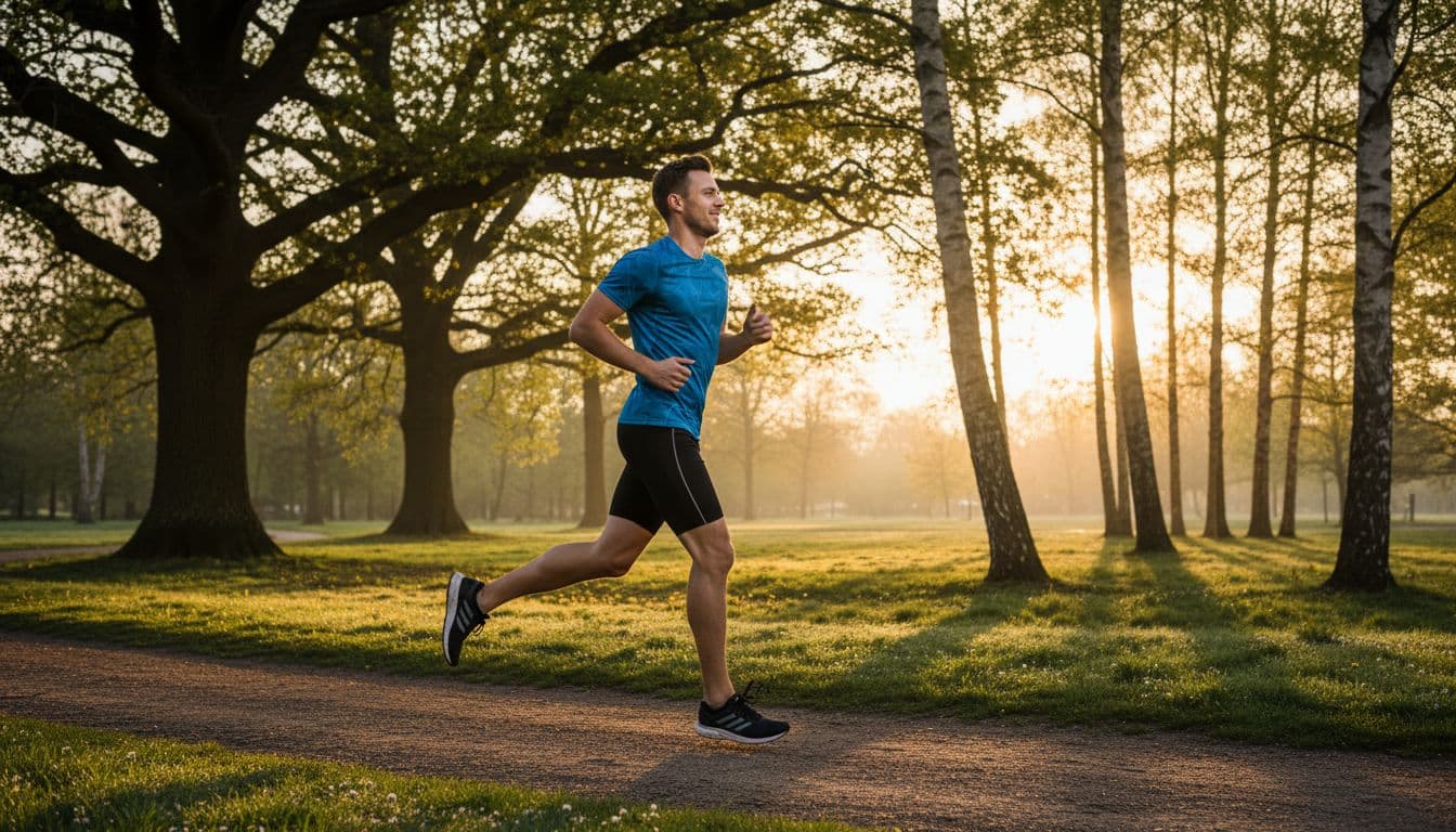 Energized man in athletic wear jogging dynamically on a park path at dawn, with a refreshed expression showing vitality from quality sleep, surrounded by trees in soft sunrise light, realistic fitness photo.