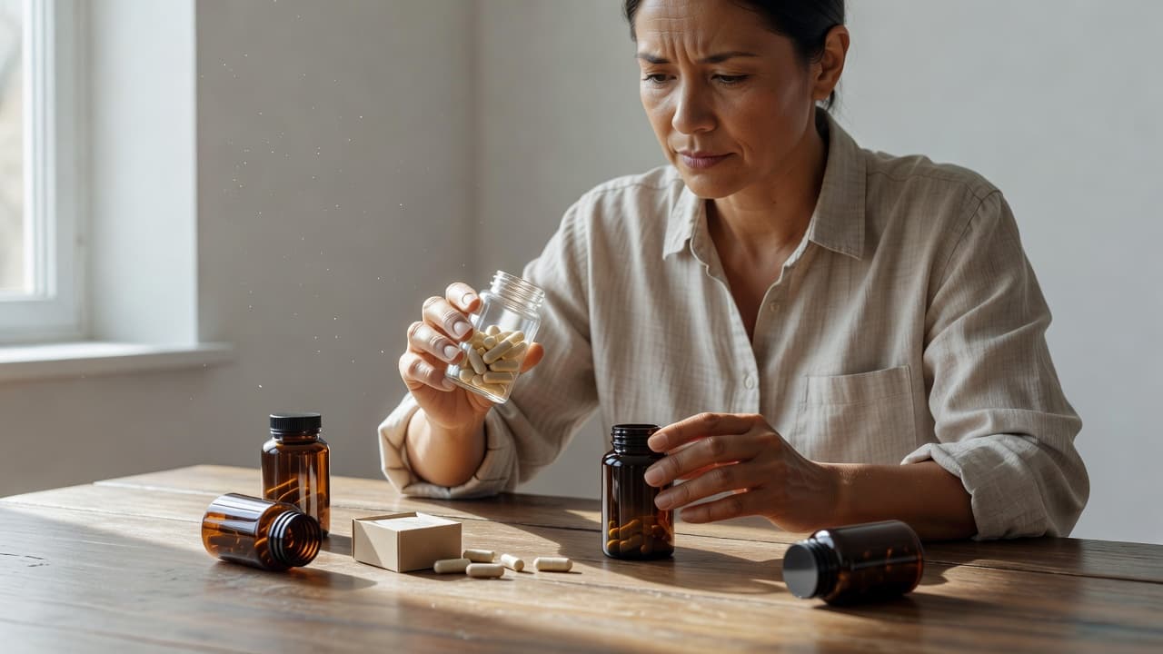 A focused individual holds a supplement bottle while examining the label on a rustic wooden table. Soft window light highlights the product details, suggesting a careful review of health safety information.