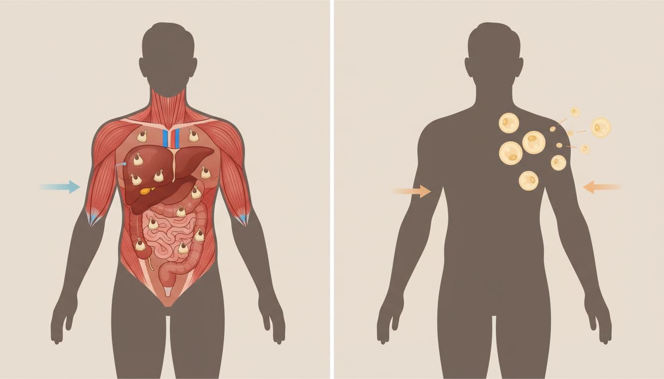 Side-by-side human silhouette illustration: left side depicts liver and muscles with depleting glycogen stores, right side shows fat cells releasing fatty acids for energy, in anatomical educational style.