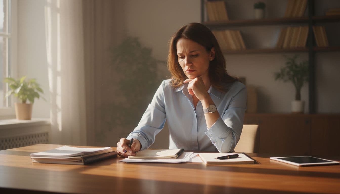 A clear-headed professional woman in her mid-30s reviews documents at a wooden desk with a sharp focused expression, hand on chin thinking, organized notes and pen in morning light through window.