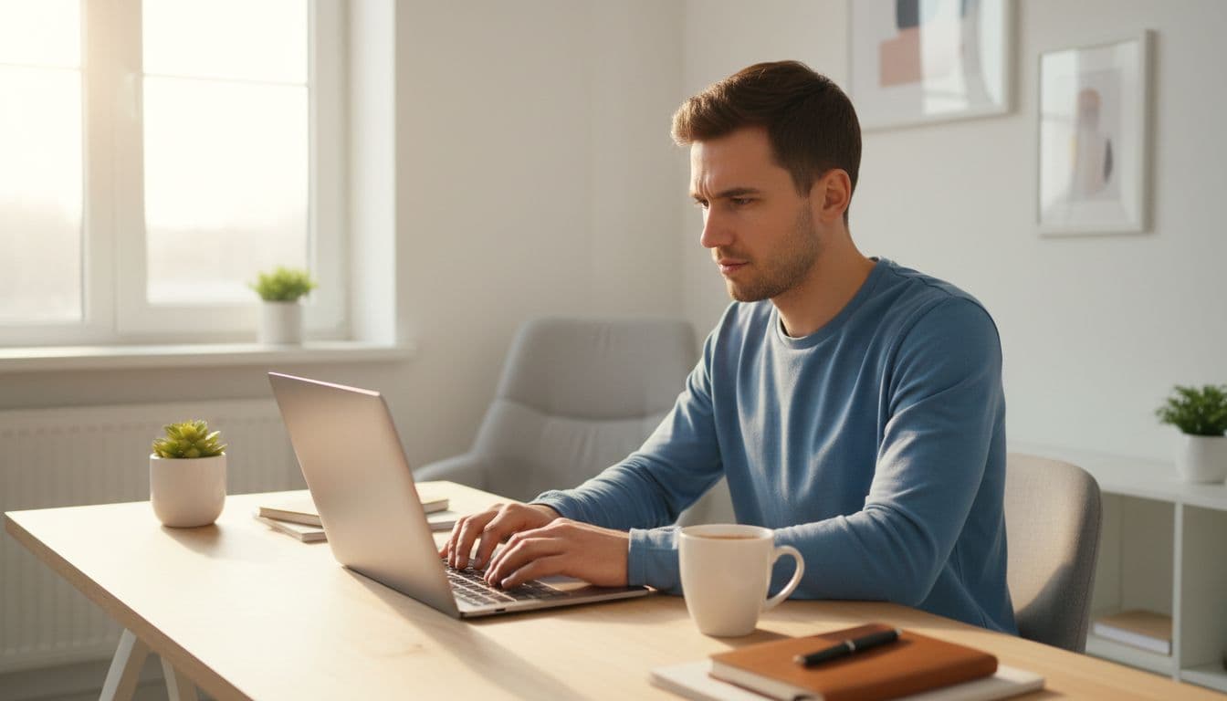 A concentrated young adult types on a laptop at a sunlit desk in a clean home office, with a coffee mug nearby, embodying sustained energy and productivity from better sleep.
