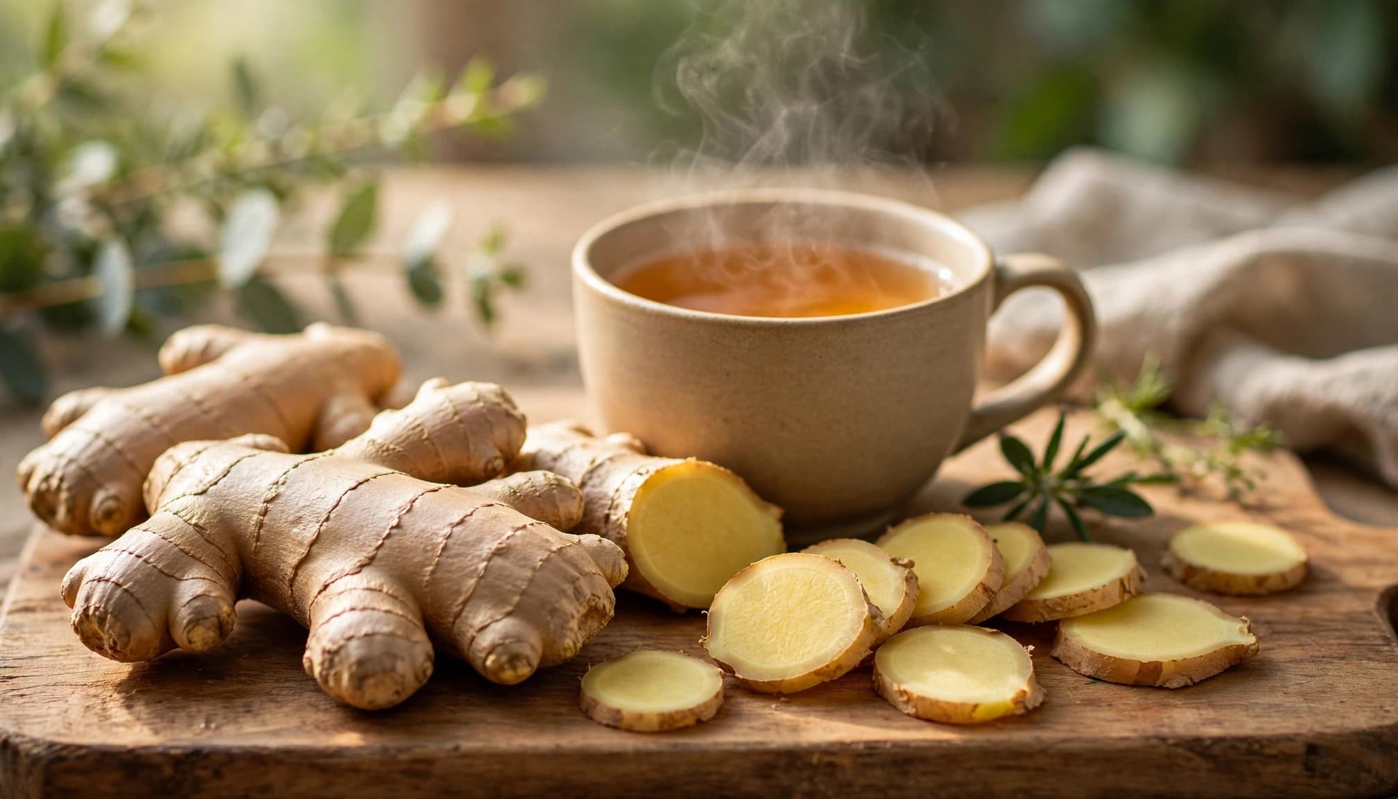 Sliced ginger and fresh root sit before a steaming cup of tea.