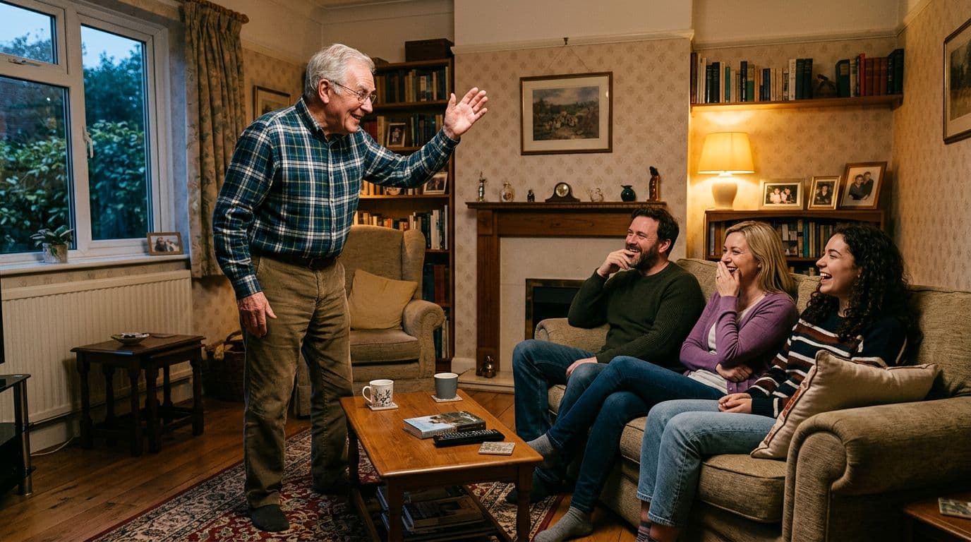 Funny scene of a confident elderly man in a cozy living room gesturing boldly while saying slang, with three family members stifling laughs around him in soft evening light.