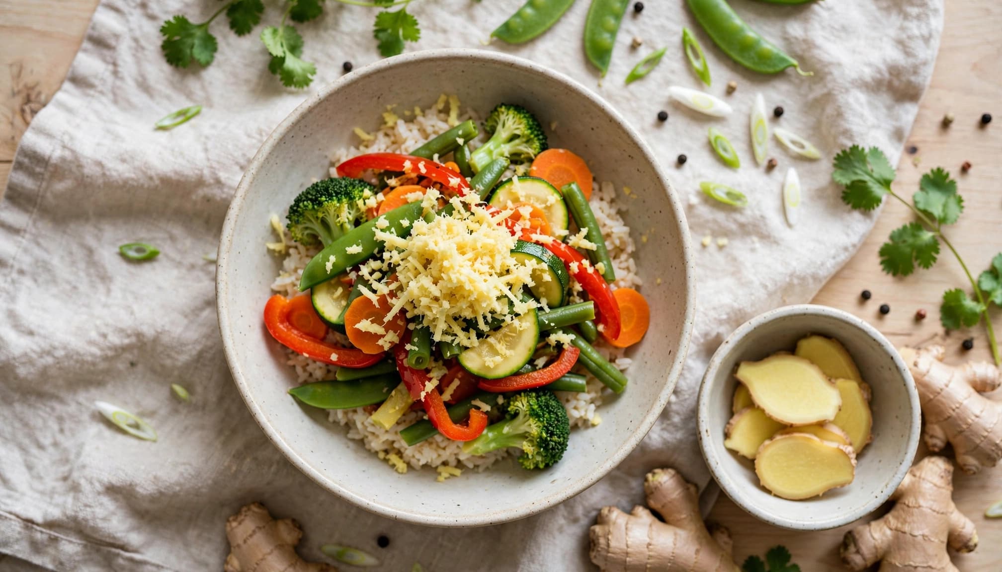 A colorful rice and vegetable meal topped with grated ginger beside sliced ginger.