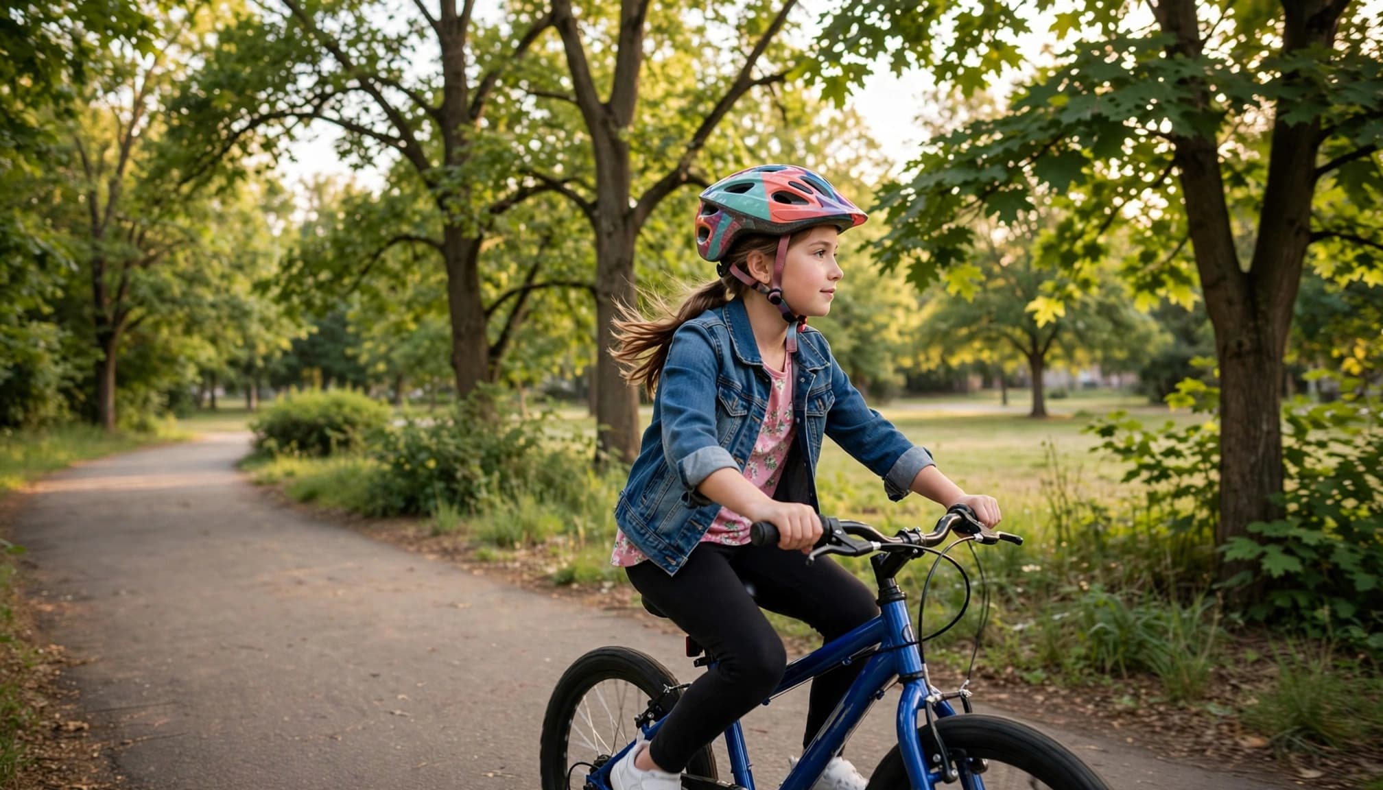 A girl rides a bicycle on a leafy park path wearing a colorful helmet.