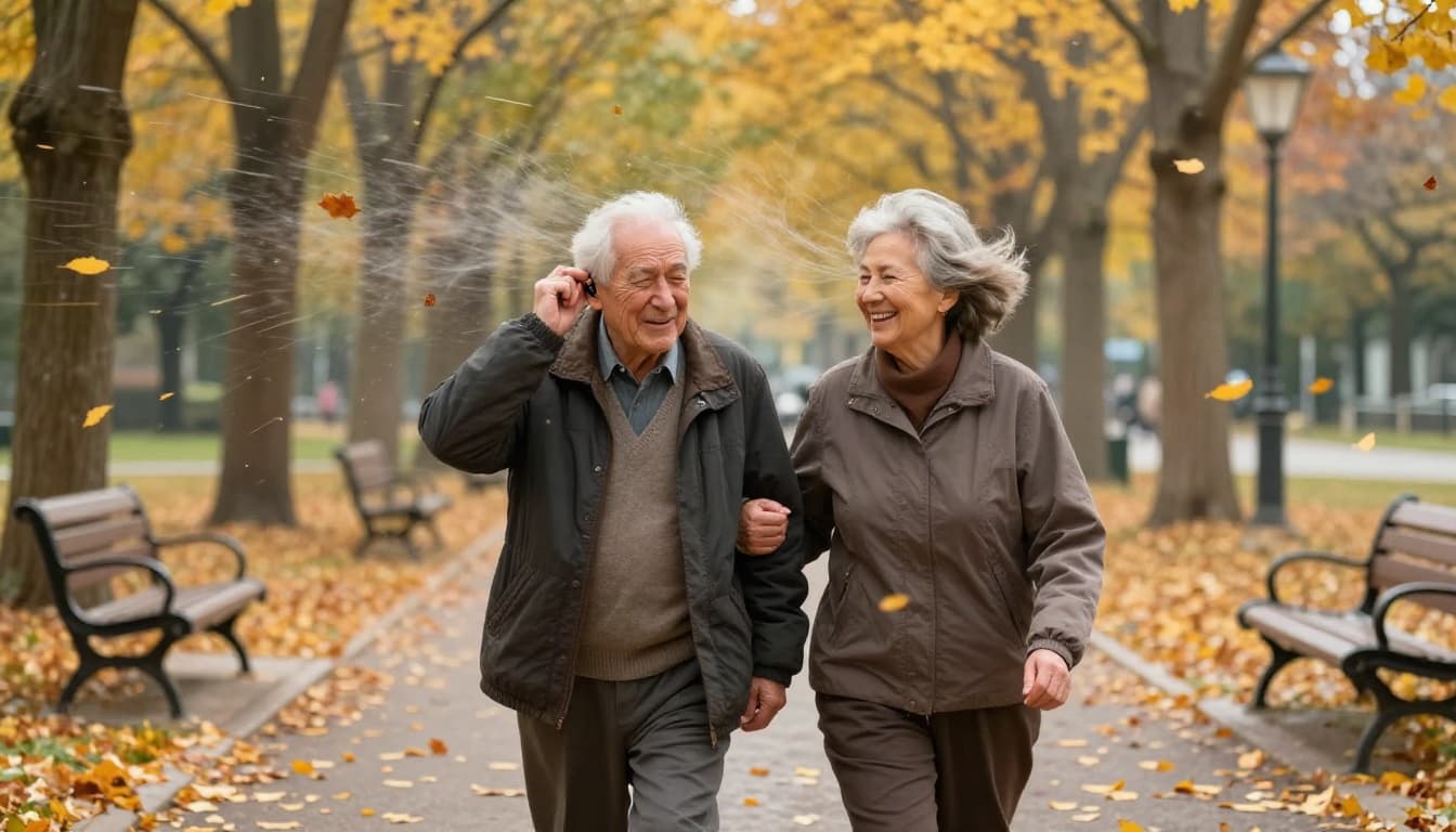 Humorous scene of a 75-year-old man with visible hearing aids wincing and playfully adjusting his ear as wind blows autumn leaves around in a park, while his chuckling wife holds his arm.