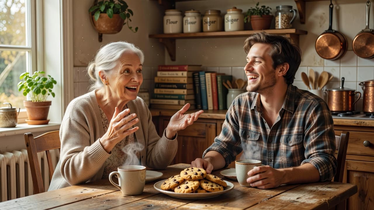 An elderly person and a youth share laughter at a sun-drenched wooden kitchen table. A plate of freshly baked cookies sits between them, highlighting their warm and authentic personal connection.