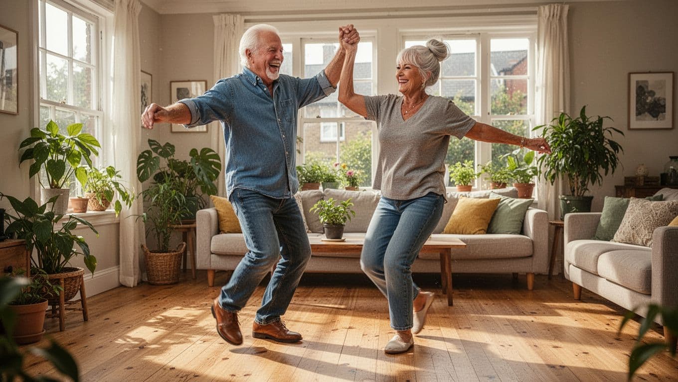 A joyful elderly couple in their late 60s dances energetically in a sunny living room with wooden floors and large windows filled with plants. They smile widely mid-twirl, wearing casual clothes, in a realistic photo style with vibrant colors and happy atmosphere.