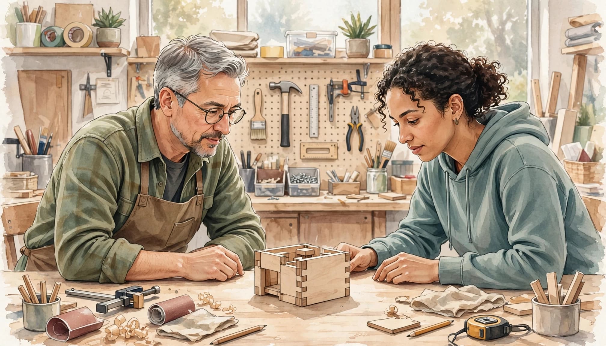 A mentor and an adult learner review a wooden craft prototype on a workbench in a bright workshop.