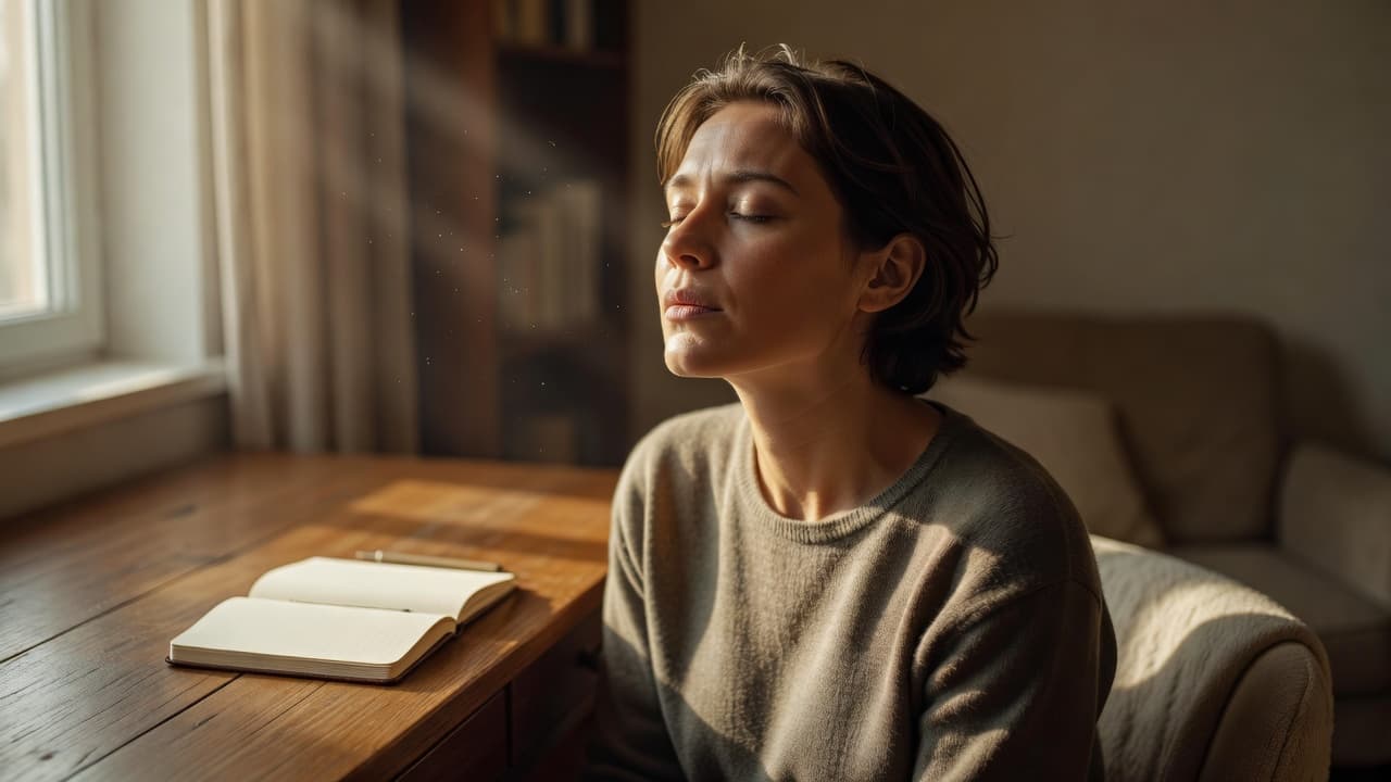 A person sits at a minimalist wooden desk with eyes closed, taking a deep breath in a serene room. Soft natural light streams through a window, illuminating a small nearby notebook.