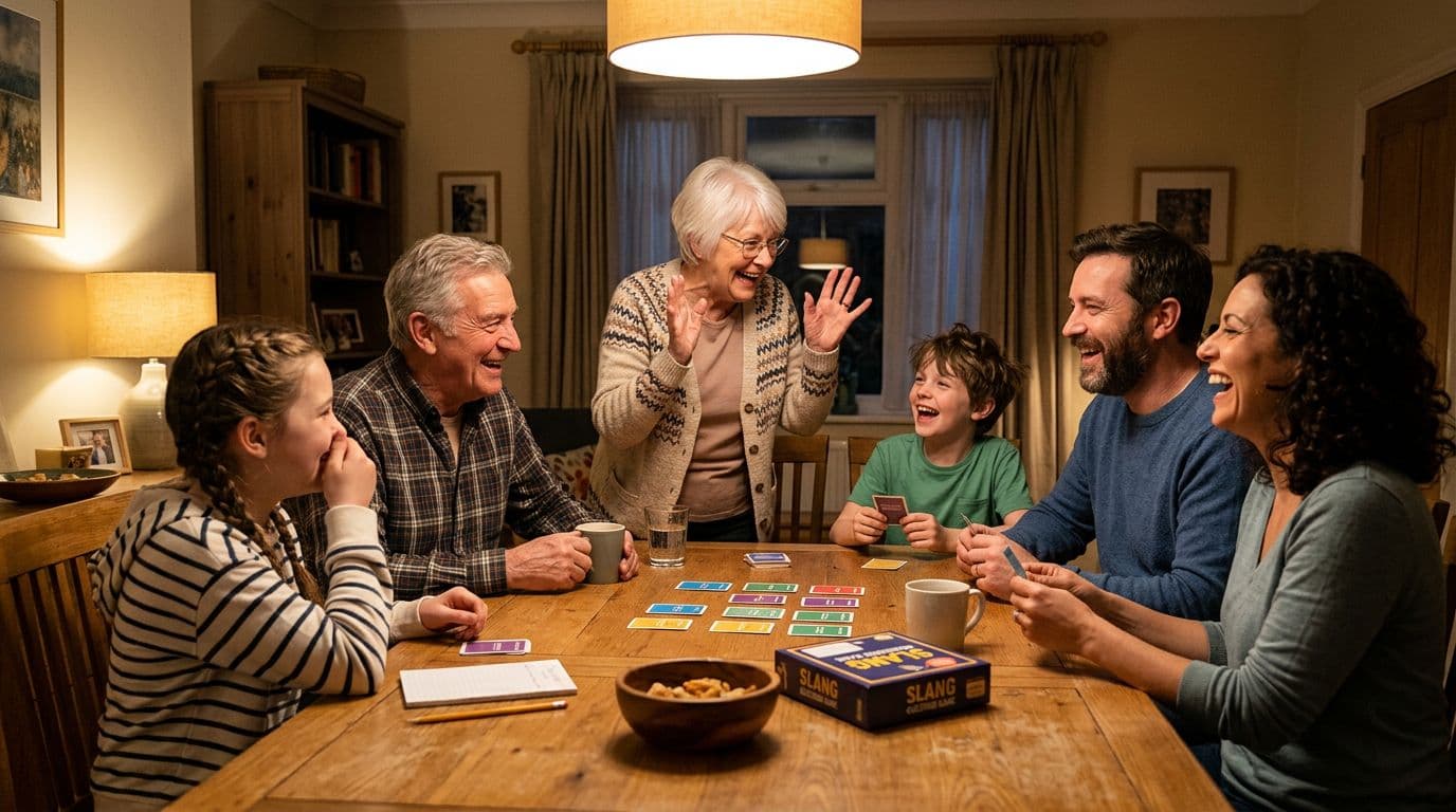 A joyful multi-generational family of exactly six people, spanning three generations, gathers at a dining table playing a slang guessing game with cards amid laughter. Elderly grandma acts out a phrase while kids and parents watch amused in a warm, lamp-lit home atmosphere.